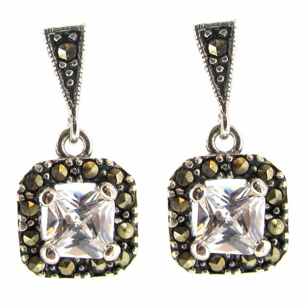 2x Sterling Silver Marcasite Clear CZ Crystal Square Dangle Stud Earring Post