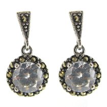 2x Sterling Silver Marcasite Round Clear CZ Crystal Dangle Stud Earring Post