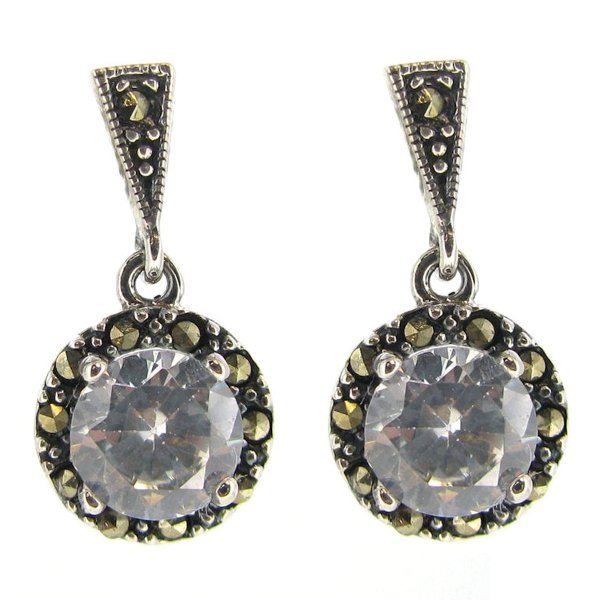 2x Sterling Silver Marcasite Round Clear CZ Crystal Dangle Stud Earring Post