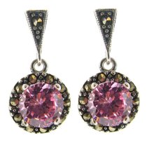 2x Sterling Silver Marcasite Round Rose Pink CZ Crystal Dangle Stud Earring Post