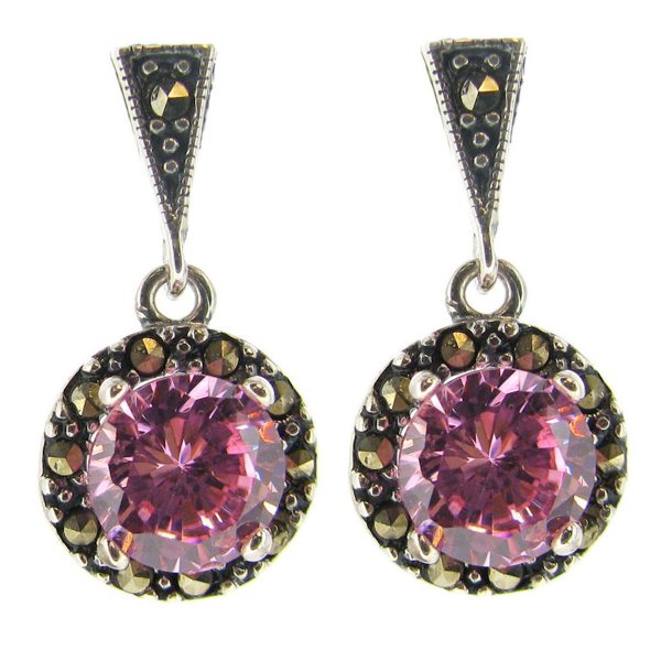 2x Sterling Silver Marcasite Round Rose Pink CZ Crystal Dangle Stud Earring Post