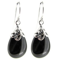 Sterling Silver Flower Bail Teardrop Black Onyx Charm Dangle French Hook Earwire Earring