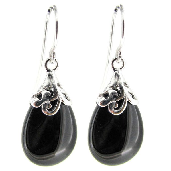 Sterling Silver Flower Bail Teardrop Black Onyx Charm Dangle French Hook Earwire Earring