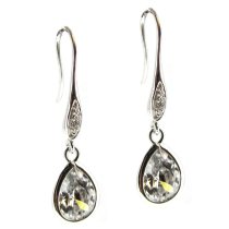 Sterling Silver Clear CZ Crystal Teardrop Charm Dangle French Hook Earwire Earring