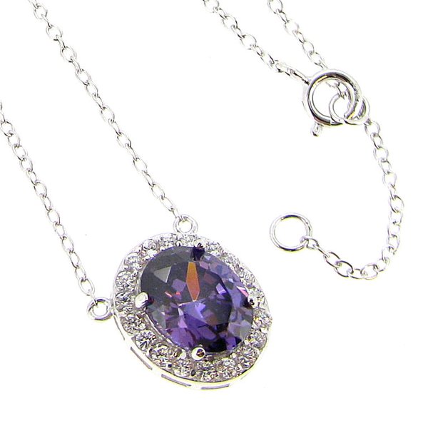 Rhodium Sterling Silver Oval Amethyst Crystal CZ Pendant Link Chain Necklace with Extender Spring Clasp 16", 17'' Adjustable
