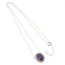 Rhodium Sterling Silver Oval Amethyst Crystal CZ Pendant Link Chain Necklace with Extender Spring Clasp 16", 17'' Adjustable