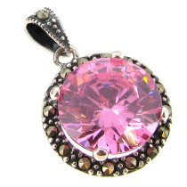 Sterling Silver Marcasite Round Pink Rose CZ Crystal Dangle Charm Pendant