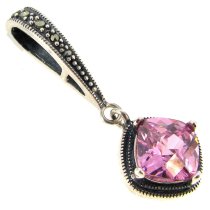 Sterling Silver Rose Pink CZ Crystal Marcasite Dangle Charm Pendant