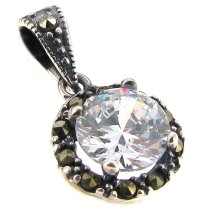 Sterling Silver Round Clear CZ Crystal Marcasite Dangle Charm Pendant