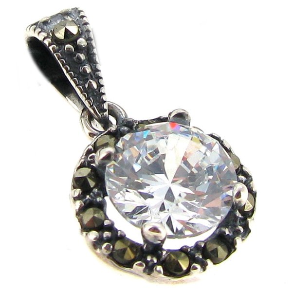 Sterling Silver Round Clear CZ Crystal Marcasite Dangle Charm Pendant