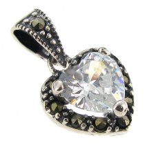 Sterling Silver Love Heart Clear CZ Crystal Marcasite Dangle Charm Pendant