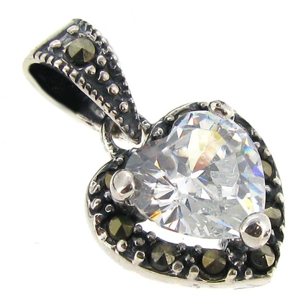 Sterling Silver Love Heart Clear CZ Crystal Marcasite Dangle Charm Pendant