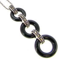 Sterling Silver Round Black Onyx Ring Marcasite Link Charm Pendant