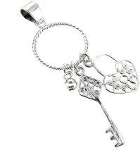 Queenberry Sterling Silver Filigree Heart Love Lock Key Ring Dangle Charm Pendant