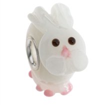 Sterling Silver Round White Bunny Rabbit Glass Bead for Pandora Troll Chamilia Biagi European Charm Bracelets