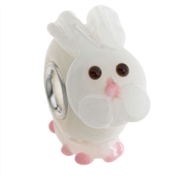 Sterling Silver Round White Bunny Rabbit Glass Bead for Pandora Troll Chamilia Biagi European Charm Bracelets