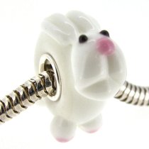 Sterling Silver Round White Bunny Rabbit Glass Bead for Pandora Troll Chamilia Biagi European Charm Bracelets