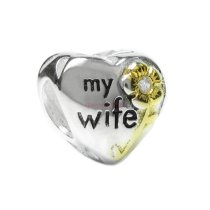 Sterling Silver Heart Love My Wife w/ Gold Flower Crystal for Pandora Troll Chamilia Biagi European Charm Bracelets