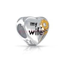 Sterling Silver Heart Love My Wife w/ Gold Flower Crystal for Pandora Troll Chamilia Biagi European Charm Bracelets