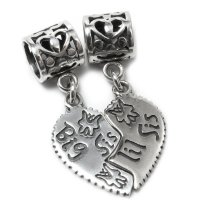 Sterling Silver Big Lil / Little Sis Sister Love Heart Pendant Dangle Bead for Pandora Troll Chamilia Biagi European Charm Bracelets