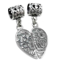 Sterling Silver Best Friend Forever Together / Apart Love Heart Pendant Dangle Bead for Pandora Troll Chamilia Biagi European Charm Bracelets