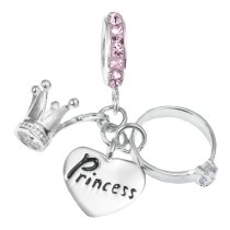 Sterling Silver Princess Ring Crown Pink CZ Crystal Love Heart Dangle Enamel Charm Bead for Pandora Troll Chamilia Biagi European Bracelet