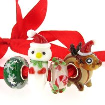 4 Pcs Sterling Silver Christmas Red Green Reindeer Snowman Snowflake Gift Stick Assorted Glass Bead for European Charm Bracelets