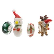 4 Pcs Sterling Silver Christmas Red Green Reindeer Snowman Snowflake Gift Stick Assorted Glass Bead for European Charm Bracelets