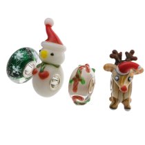 4 Pcs Sterling Silver Christmas Red Green Reindeer Snowman Snowflake Gift Stick Assorted Glass Bead for European Charm Bracelets
