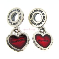 .925 Sterling Silver Mother Daughter You & me Love Heart Red Enamel Pendant Dangle Family Bead for Pandora Troll Chamilia Biagi European Charm Bracelets