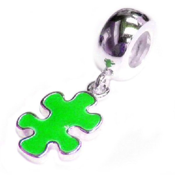 Sterling Silver Autism Jigsaw Puzzle Green Enamel Dangle Awareness Bead for Pandora Troll Chamilia Biagi European Charm Bracelets