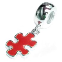 Sterling Silver Autism Jigsaw Puzzle Red Enamel Dangle Awareness Bead for European Charm Bracelets