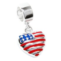 Sterling Silver Love USA Flag Enamel Heart Dangle Bead for Pandora Troll Chamilia Biagi European Charm Bracelets