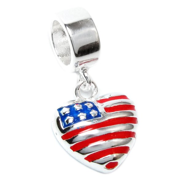 Sterling Silver Love USA Flag Enamel Heart Dangle Bead for Pandora Troll Chamilia Biagi European Charm Bracelets