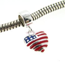 Sterling Silver Love USA Flag Enamel Heart Dangle Bead for Pandora Troll Chamilia Biagi European Charm Bracelets