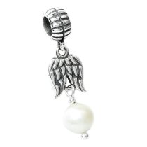 Sterling Silver Guardian Angel Wings / White Freshwater Cultured Pearl w/ Feather Dangle Bead for Pandora Troll Chamilia Biagi European Charm Bracelets