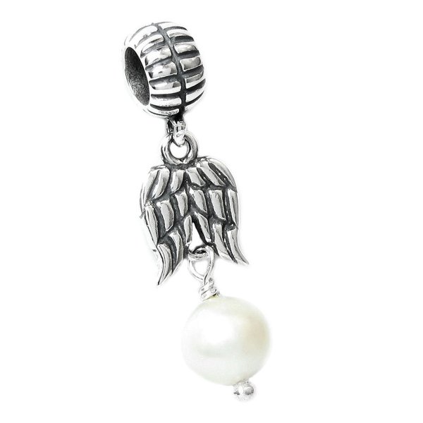 Sterling Silver Guardian Angel Wings / White Freshwater Cultured Pearl w/ Feather Dangle Bead for Pandora Troll Chamilia Biagi European Charm Bracelets