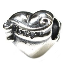 Antique 925 Sterling Silver I Love You Banner on Heart for Pandor Troll Chamilia Biagi European Bead Charm
