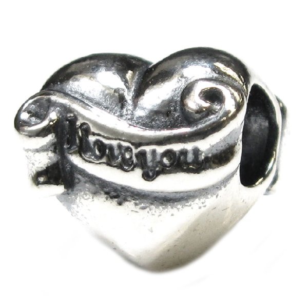 Antique 925 Sterling Silver I Love You Banner on Heart for Pandor Troll Chamilia Biagi European Bead Charm