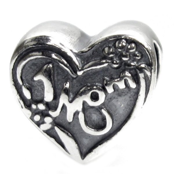 Antique 925 Sterling Silver Love #1 MOM / Mother Heart Bead for Pandora Troll Chamilia Biagi European Charm Bracelets