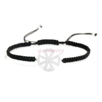 Sterling Silver Cubic Zirconia CZ Cross Faith Black Hand Braided Adjustable Cord Bracelet