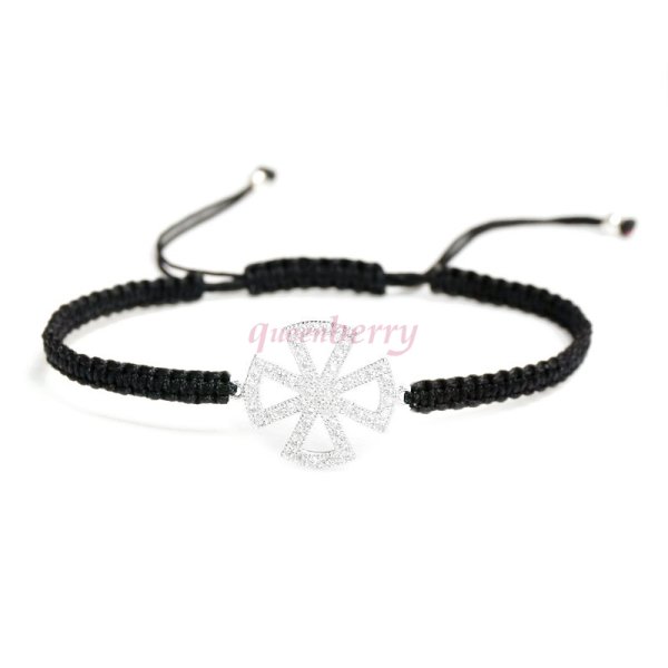 Sterling Silver Cubic Zirconia CZ Cross Faith Black Hand Braided Adjustable Cord Bracelet