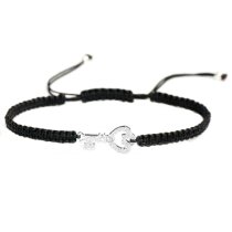 Sterling Silver Cubic Zirconia CZ Key w/ Love Black Hand Braided Adjustable Cord Bracelet