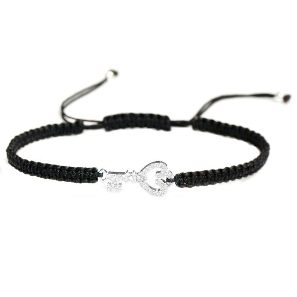 Sterling Silver Cubic Zirconia CZ Key w/ Love Black Hand Braided Adjustable Cord Bracelet