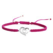 Sterling Silver Cubic Zirconia CZ Double Heart Love Rose Pink Hand Braided Adjustable Cord Bracelet