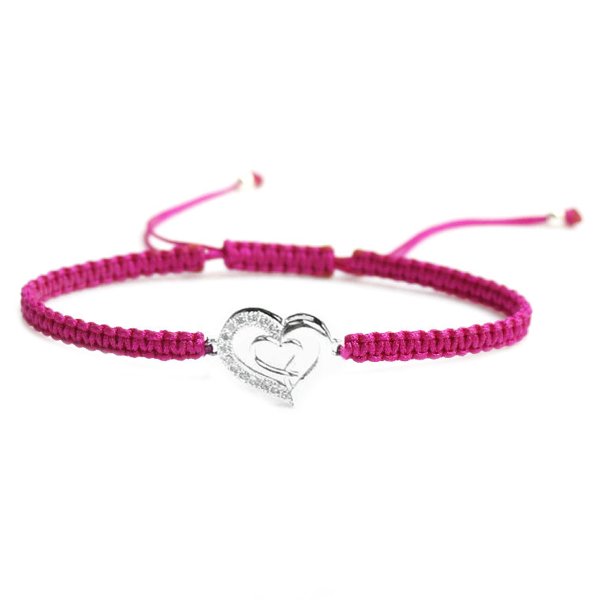 Sterling Silver Cubic Zirconia CZ Double Heart Love Rose Pink Hand Braided Adjustable Cord Bracelet