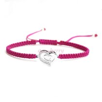 Sterling Silver Cubic Zirconia CZ Double Heart Love Rose Pink Hand Braided Adjustable Cord Bracelet