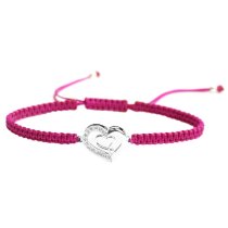 Sterling Silver Cubic Zirconia CZ Double Heart Love Rose Pink Hand Braided Adjustable Cord Bracelet