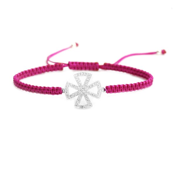 Sterling Silver Cubic Zirconia CZ Cross Faith Rose Pink Hand Braided Adjustable Cord Bracelet