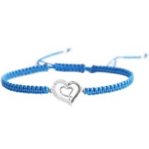 Sterling Silver Cubic Zirconia CZ Double Heart Love Capri Blue Hand Braided Adjustable Cord Bracelet